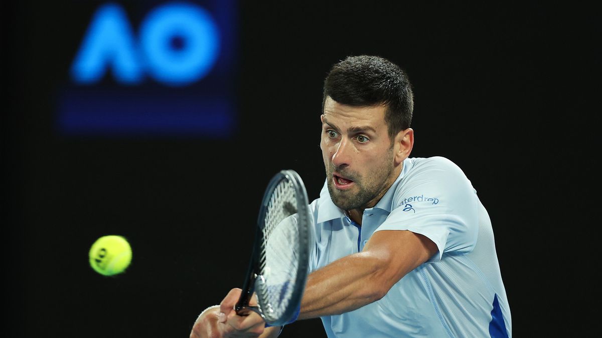 Novak Djokovic plays a forehand at the Australian Open 2024 ahead of the Djokovic vs Sinner live stream for the first of the men&#039;s semi-finals