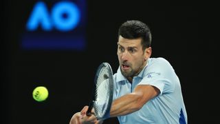 Novak Djokovic plays a forehand at the Australian Open 2024 ahead of the Djokovic vs Sinner live stream for the first of the men's semi-finals