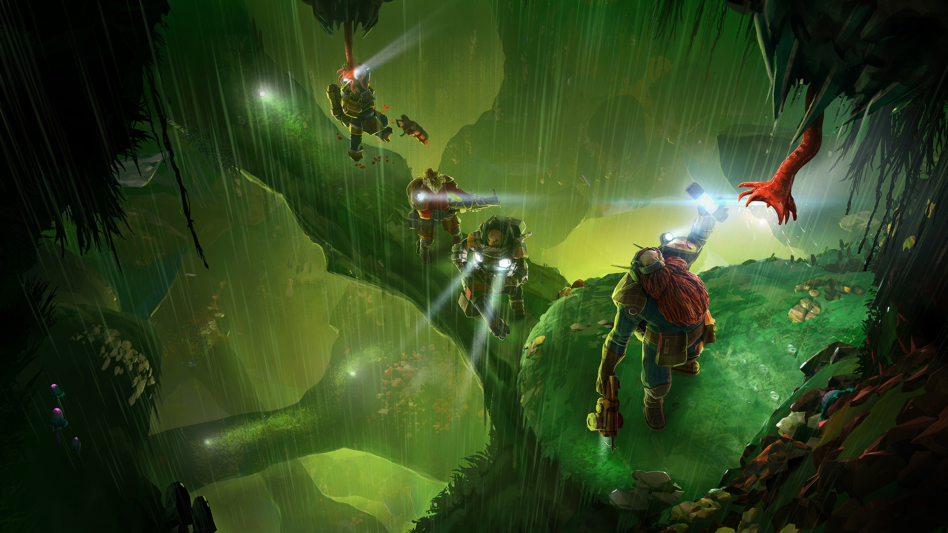 Dwarves exploring a verdant cavern in Deep Rock Galactic.