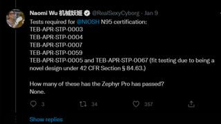 Tweet from Naomi Wu outlining all the tests the Razer Zephyr should have passed before being labelled an N95 grade respirator