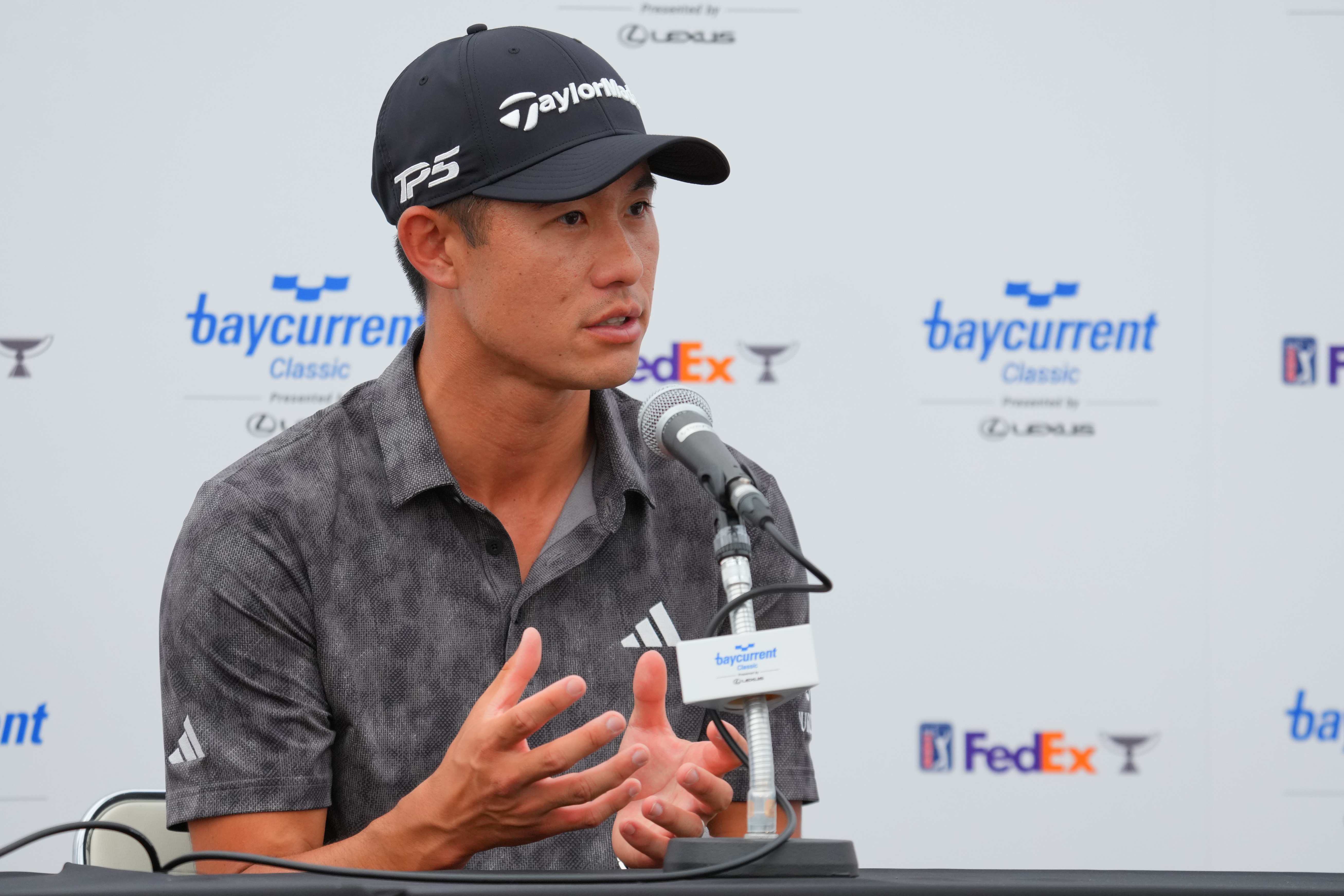 Collin Morikawa speaks during his pre-Baycurrent Classic press conference at Yokohama Country Club
