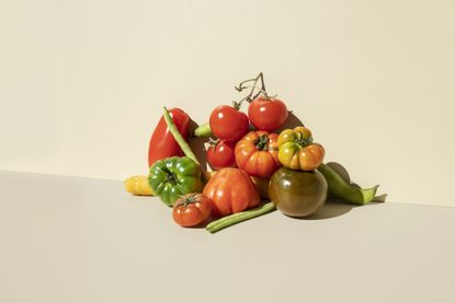 What is a plant based diet?Red,green tomatoes, carrots and green beans on the beige background