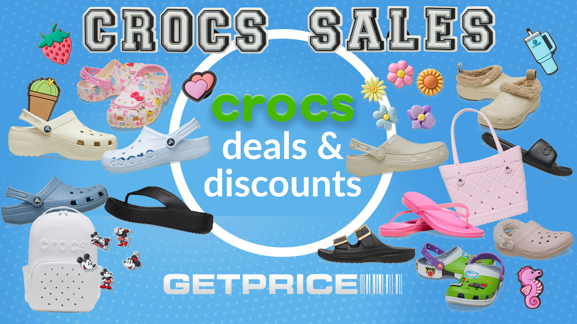 Blue background with Crocs Sales written in Jibbitz on top with white writing in the middle that says 'Crocs deals and discounts' with scattered images of different styles of Crocs and Jibbitz