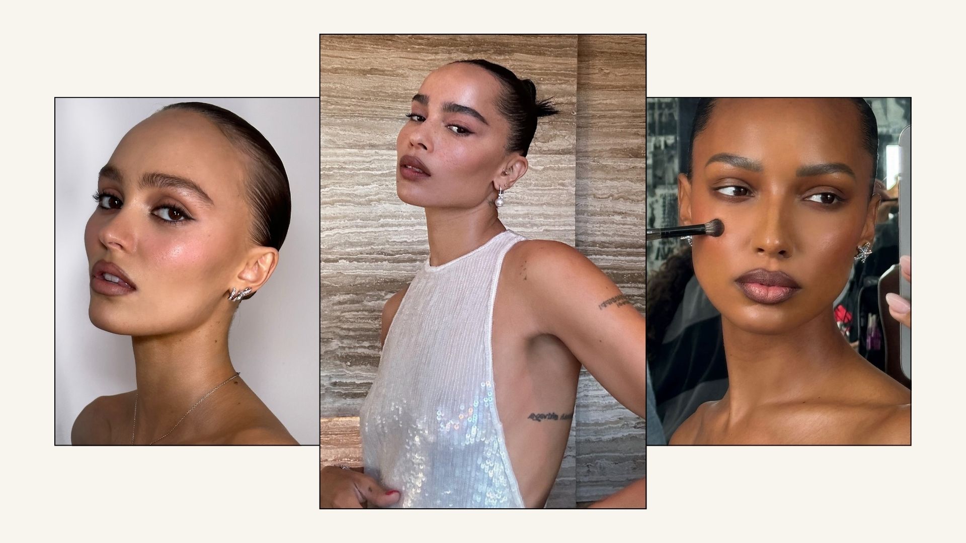 Collage of Lily-Rose Depp, Zoe Kravitz and Jasmine Tookes with blurred lipstick