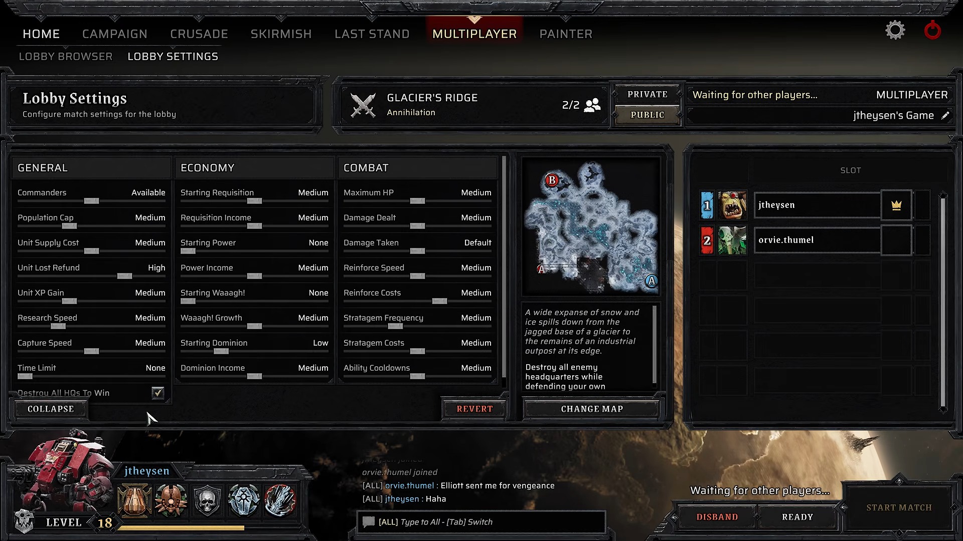 A video game lobby menu showing match settings, map preview for Glacier's Ridge, and a player list with jtheysen and orvie.thumel in a dark interface.