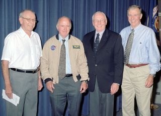 Bill Dana (second from left) receives his astronaut wings during a 2005 NASA ceremony at the Dryden (now Armstrong) Flight Research Center in California. Joining Dana were fellow X-15 pilots Robert White and Neil Armstrong, now both deceased, and Joe Engle.