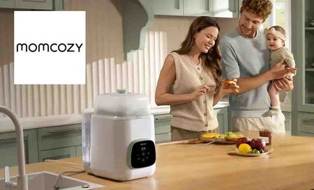 momcozy logo top left with a family of 3 in the kitchen