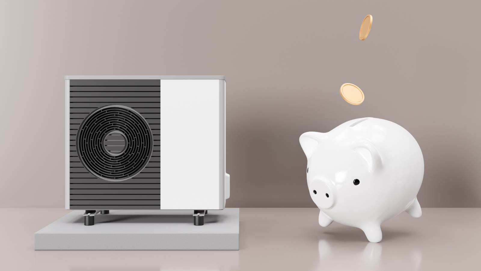 model of heat pump with white piggy bank next to it and coins falling in