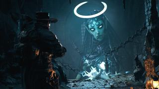 A screenshot from Remnant 2's upcoming DLC. An adventurer stands before a chained fae queen with a halo above their head.