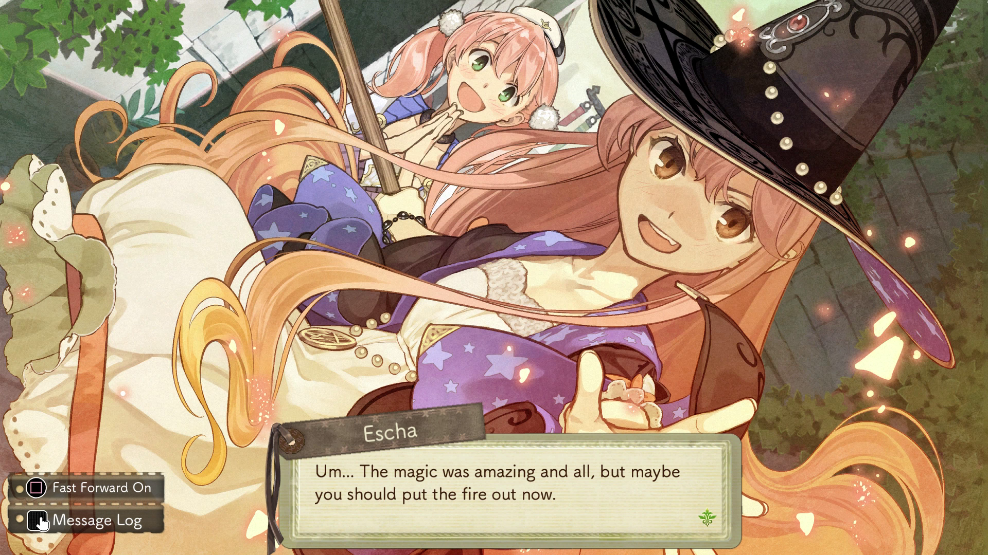 Artwork of Escha and Wilbell in Atelier Escha &amp;amp; Logy: Alchemists of the Dusk Sky, with Wilbell having just cast a spell Escha is saying &quot;Um... The magic was amazing and all, but maybe you should put out the fire now.&quot;