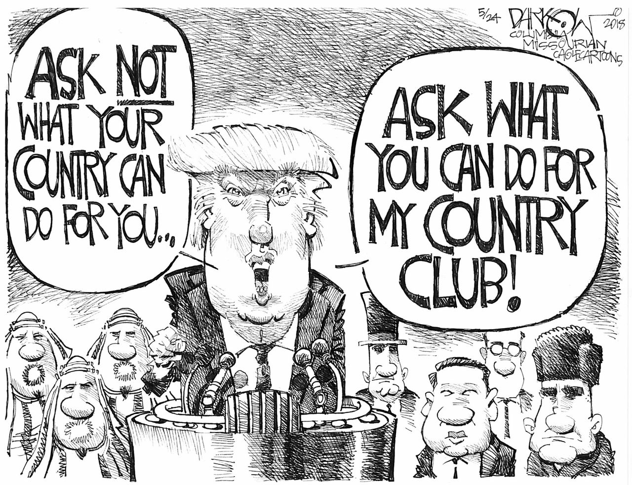 Political cartoon US Trump JFK country club Qatar China Saudi Arabia Russia