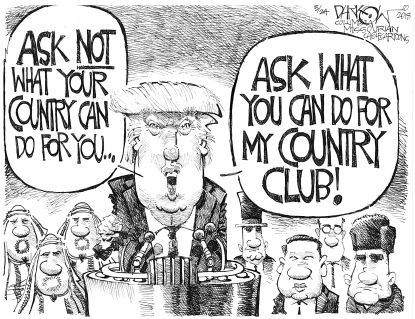 Political cartoon US Trump JFK country club Qatar China Saudi Arabia Russia