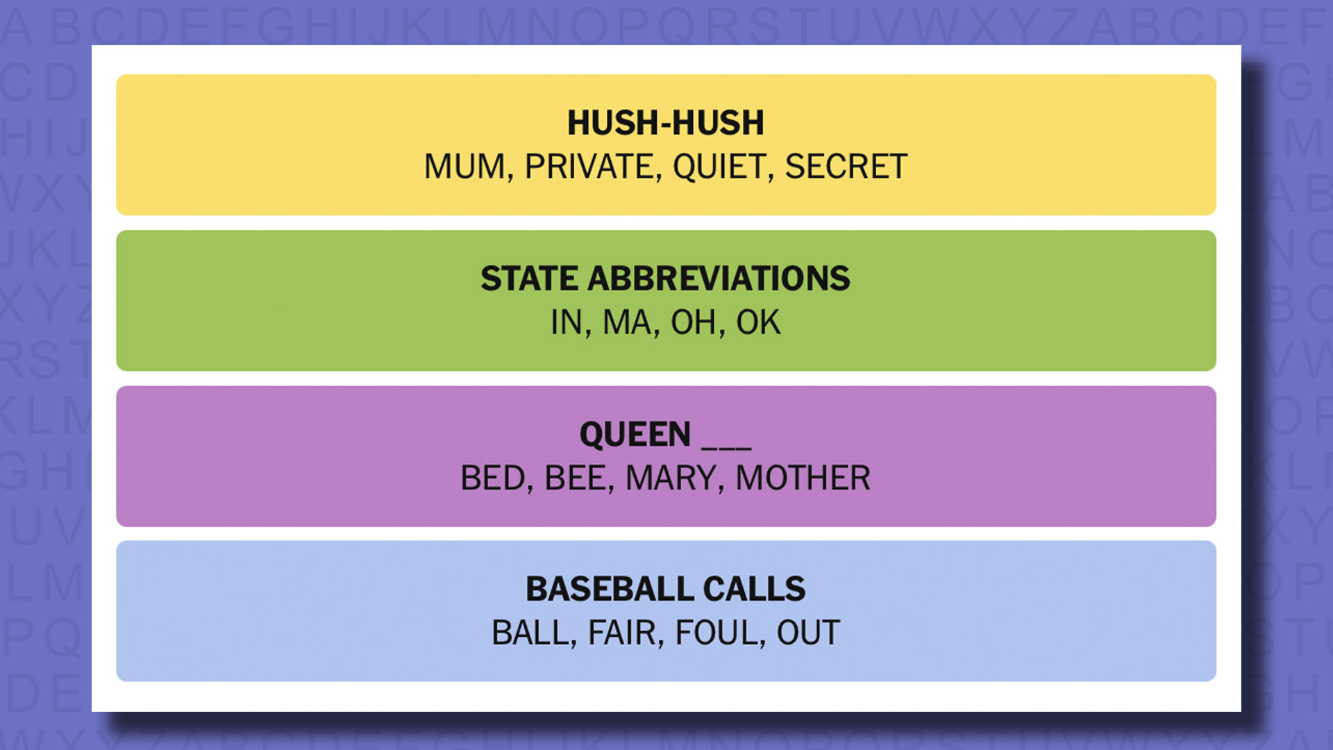 NYT Connections answers for game 775 on a purple background