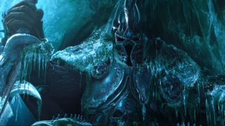 The Lich King sits atop his throne and stares down the WoW player
