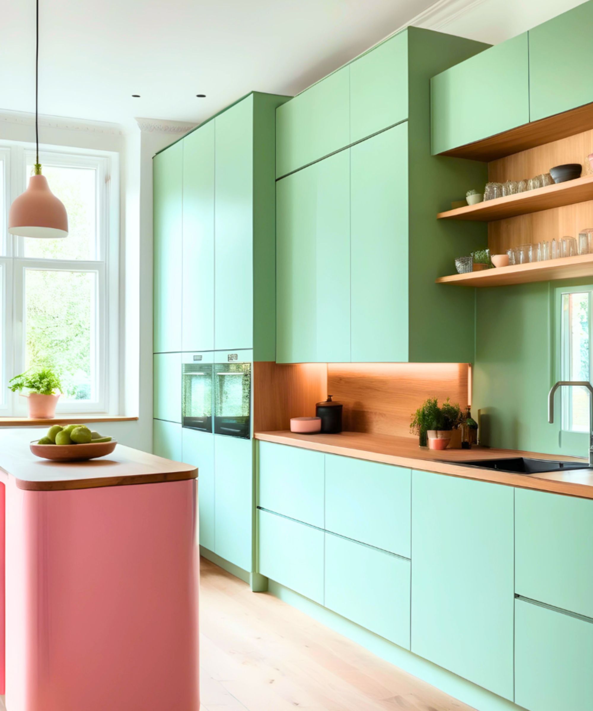 A modern kitchen painted in a bright green Electric Mint Green by YesColors
