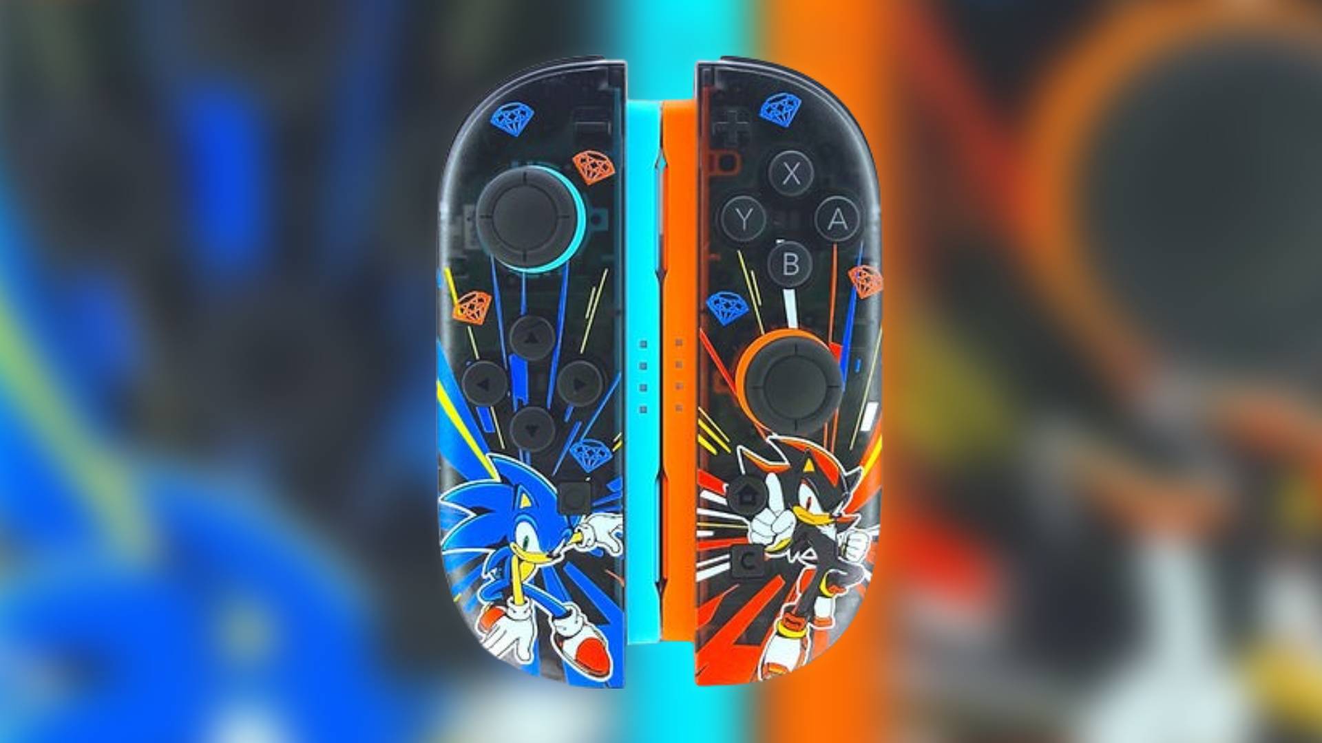 Image of a pair of Sonic and Shadow Switch 2 Joy-Cons by CptnAlexDesigns, with the image of them blurred in the background.