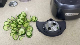 spiralizing cucumber with the Cuisinart Elemental 13 Cup Food Processor with Dicing