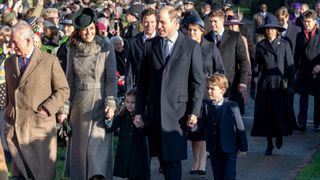 Catherine, Duchess of Cambridge and Prince William, Duke of Cambridge with Prince George of Cambridge and Princess Charlotte of Cambridge attend the Christmas Day Church service at Church of St Mary Magdalene