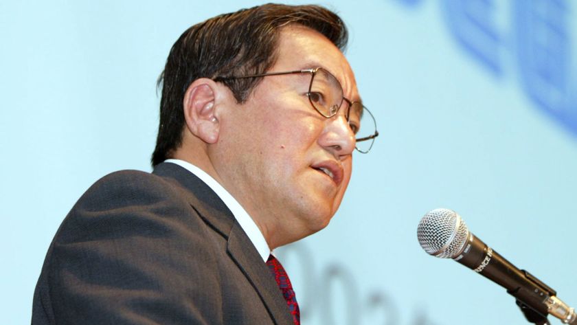 ega Corp. Chief Executive Hideki Sato speaks during a press conference May 17, 2002 in Tokyo, Japan. Sato spoke about the group net loss of 17.83 billion yen in fiscal 2001, down from the previous year's loss of 51.73 billion yen for the company.