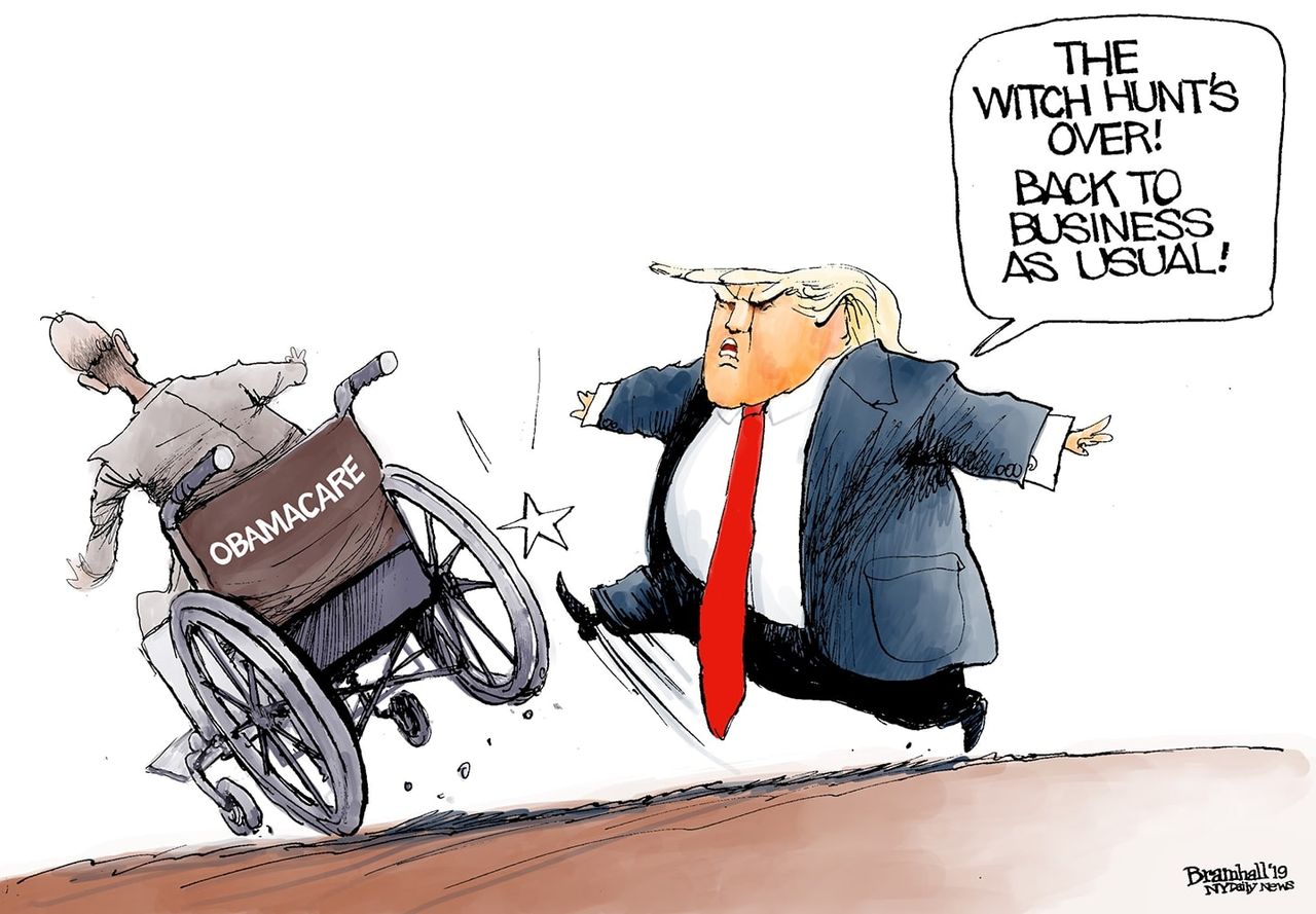 Political Cartoon U.S. Trump Mueller Report repeal affordable care act health insurance