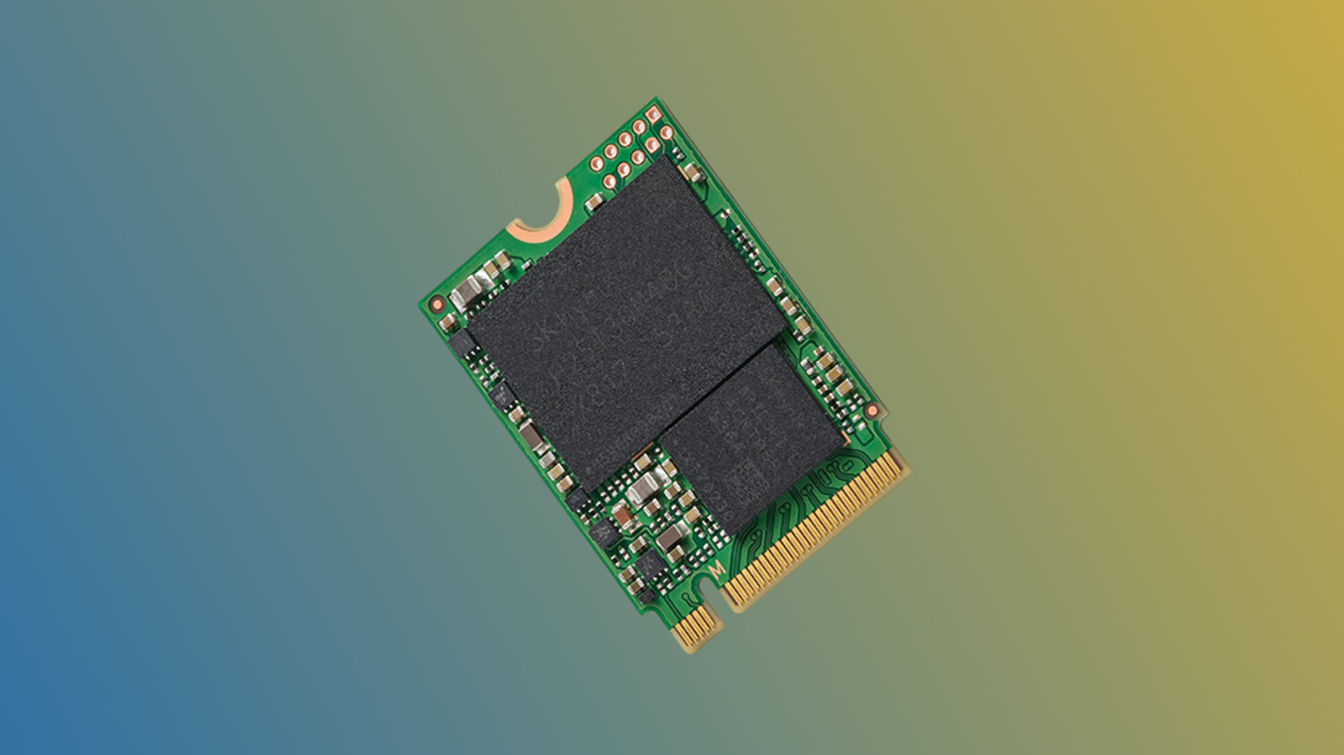 A promotional image of the SK hynix 321-layer QLC PQC21 SSD, against a colorful gradient background