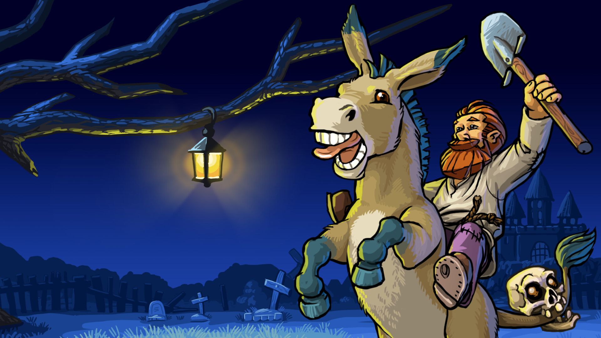 A graveyard keeper with a shovel rides a donkey while a skull bites its tail