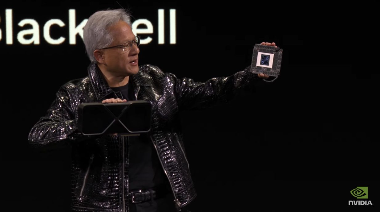 Nvidia CEO on stage with the new RTX 50-series.