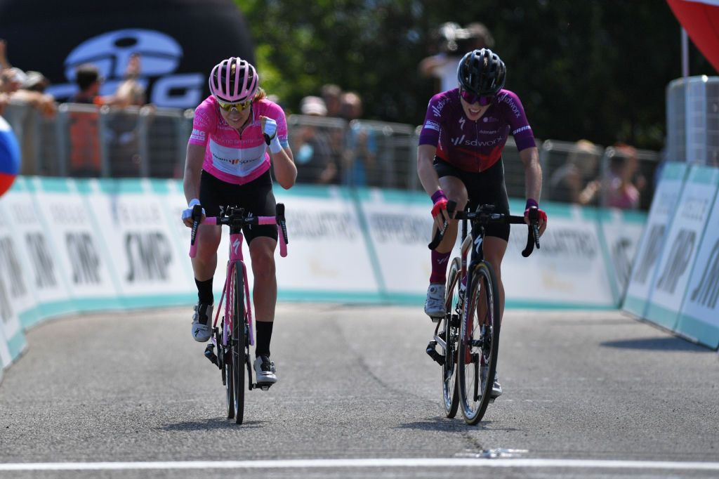 MONTE MATAJUR ITALY JULY 10 Anna Van Der Breggen of Netherlands Pink Leader Jersey Demi Vollering of Netherlands and Team SD Worx celebrate at arrival during the 32nd Giro dItalia Internazionale Femminile 2021 Stage 9 a 1226km stage from FelettoUmberto to Monte Matajur 1267m GiroDonne UCIWWT on July 10 2021 in Monte Matajur Italy Photo by Luc ClaessenGetty Images