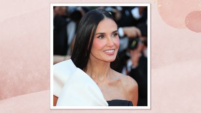 Demi Moore is pictured wearing a white and black dress whilst attending the closing ceremony red carpet at the 77th annual Cannes Film Festival at Palais des Festivals on May 25, 2024 in Cannes, France/ in a pink watercolour paint-style template