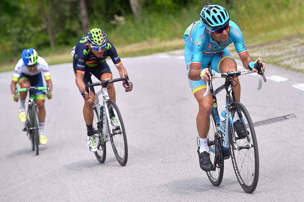Vincenzo Nibali (Astana), Alejandro Valverde (Movistar) and Esteban Chaves (Orica) attack