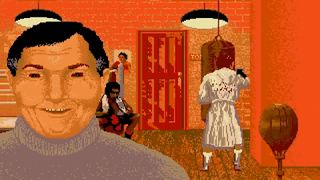 Unsettling VGA graphics face in orange tinted room with robed boxer practicing in background