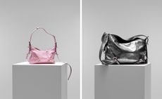 Two Givenchy Voyou bags photographed on plinths