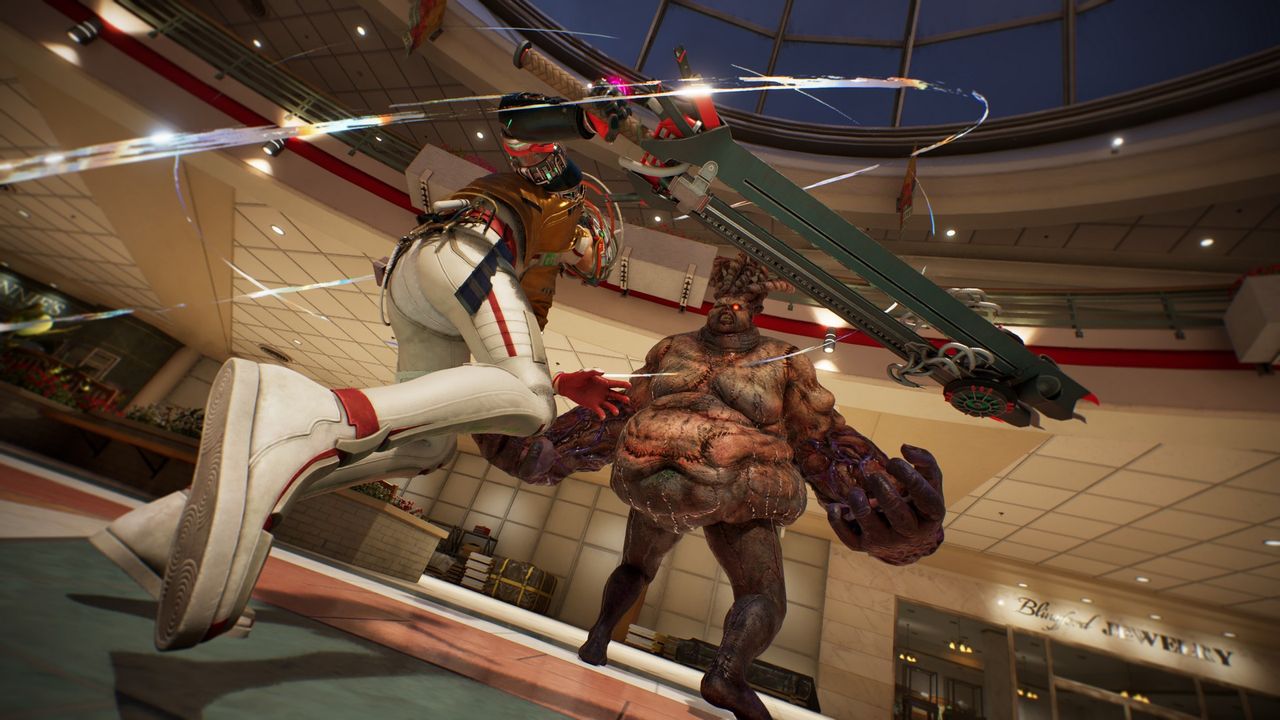 A low shot of Romeo dashing towards a bulky enemy while holding a weapon in Romeo is a Dead Man