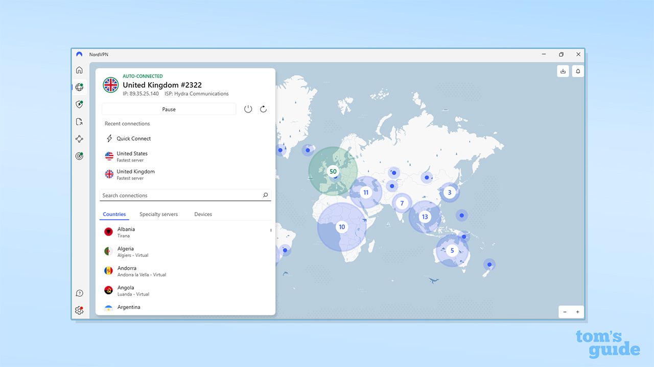 NordVPN's server list on its Windows app. There is a world map, with purple highlights across all the countries where NordVPN has servers. There is also a servers widget, with options for countries, speciality servers and devices.
