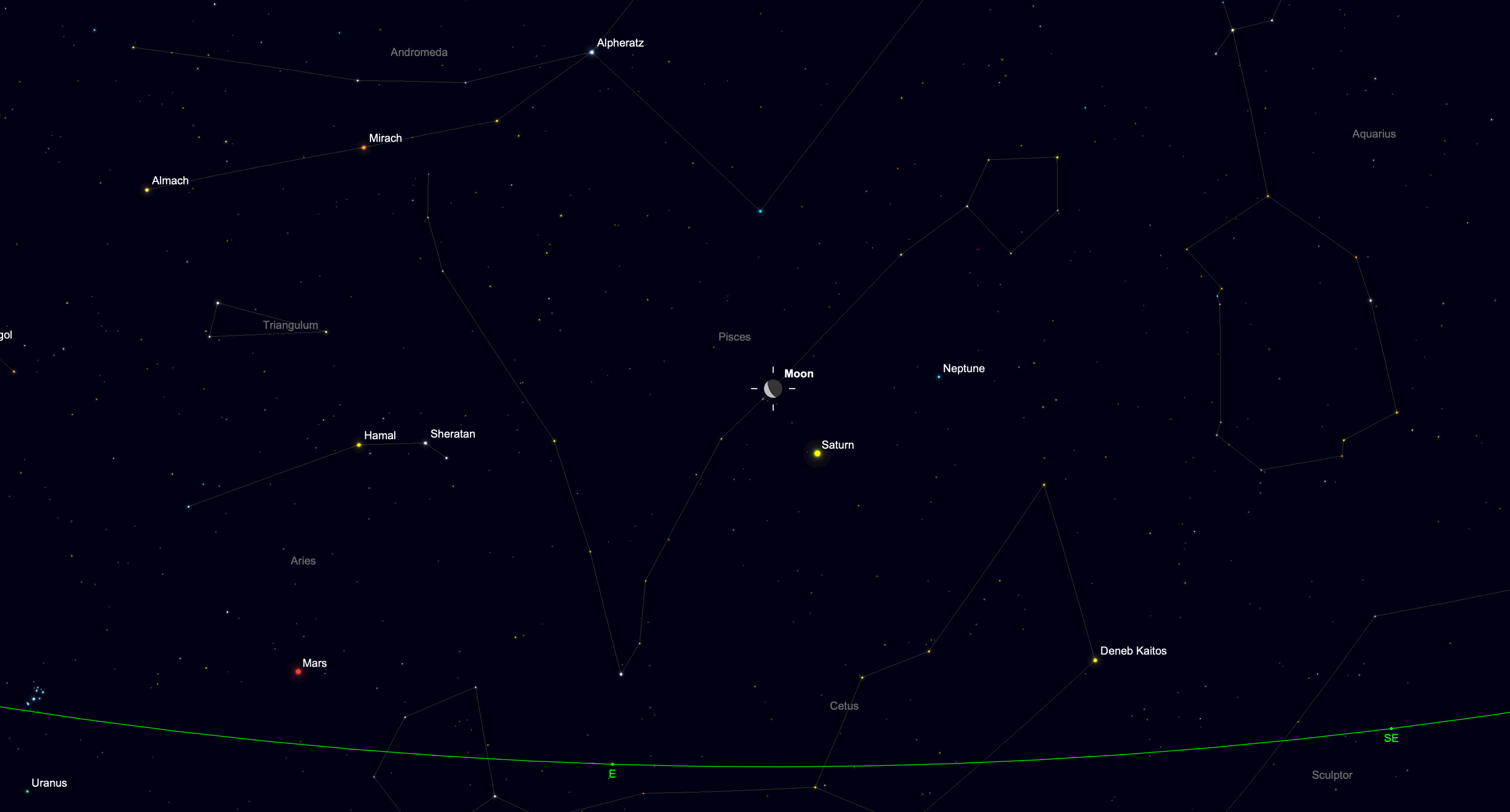 Sky chart showing the moon positioned near Saturn before sunrise.
