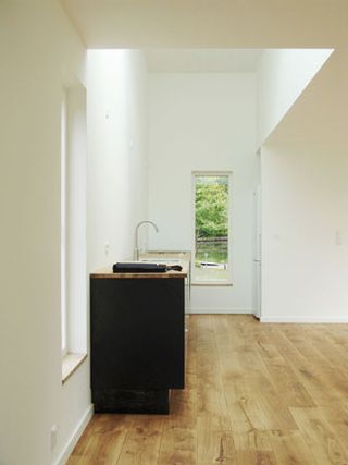 Kitchen of Skybox House with wooden flooring