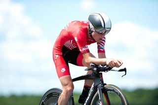 Sepp Kuss in the red Tour de Beauce climber's jersey during the time trial.