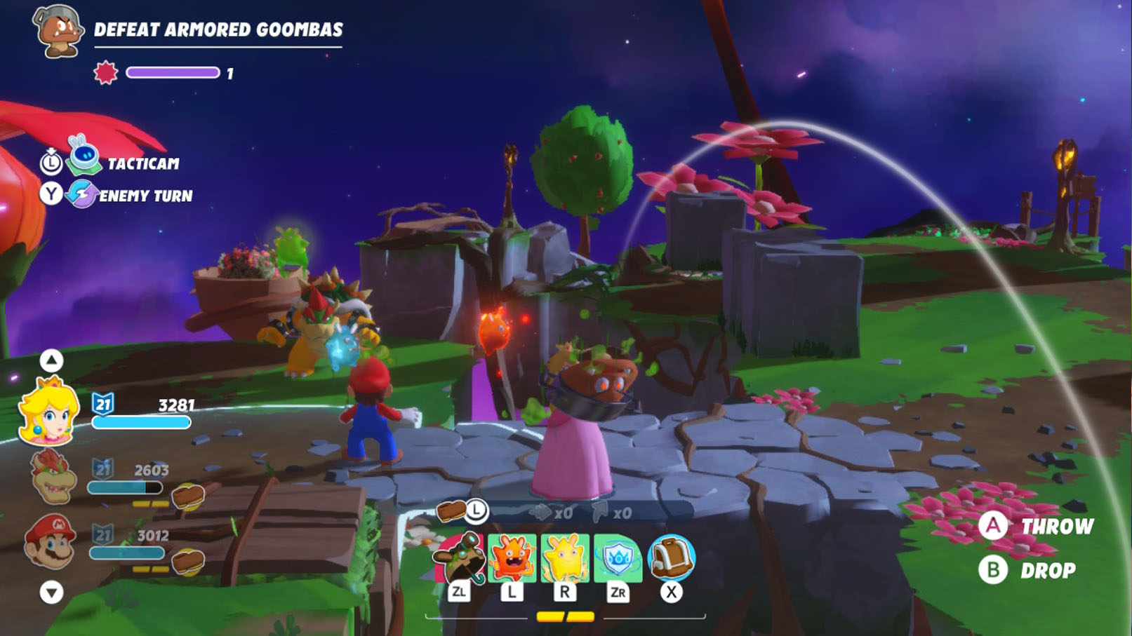 Mario + Rabbids Sparks of Hope: Peach throwing Goomba off ledge