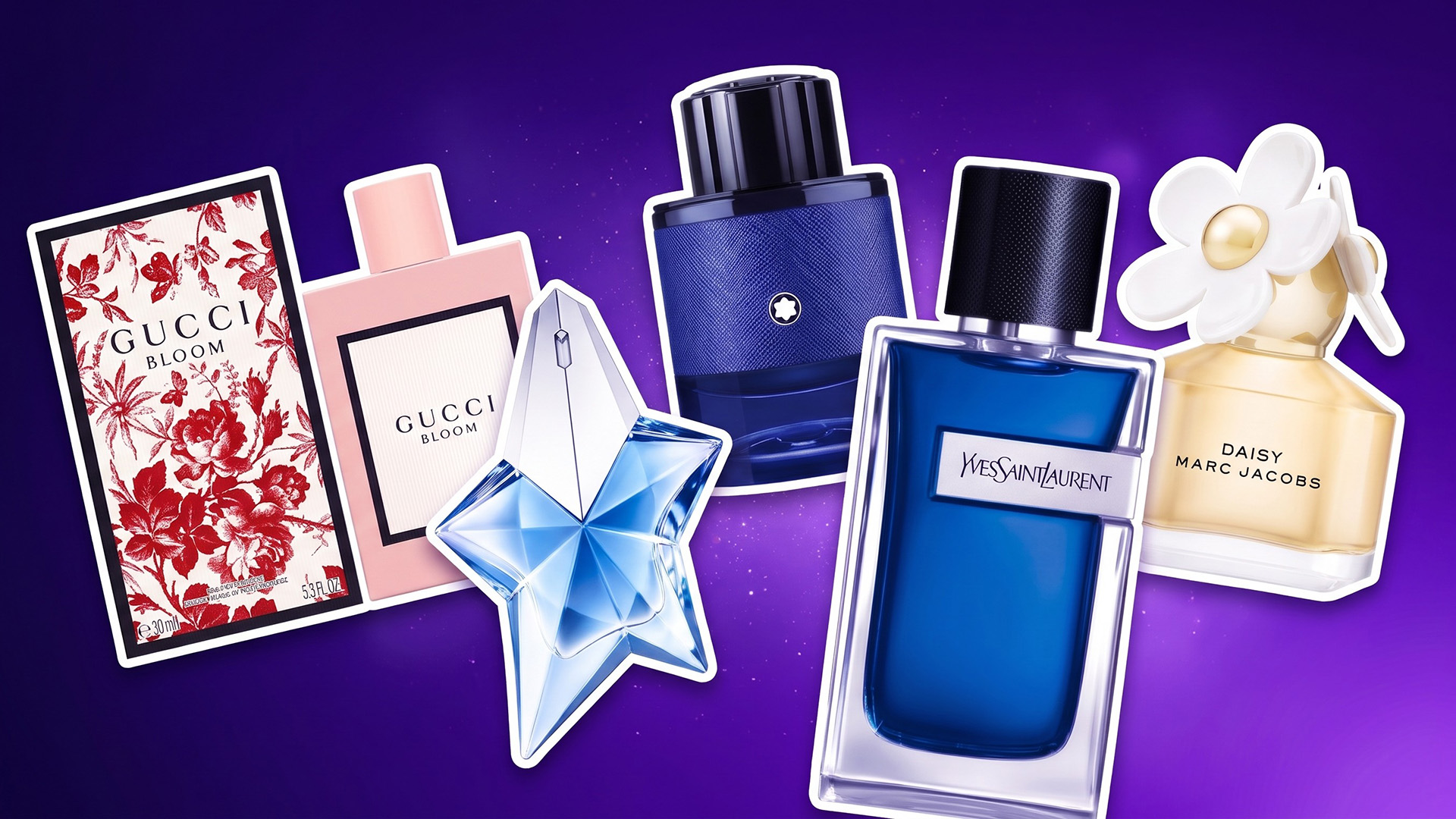 A selection of perfumes on a violet background.