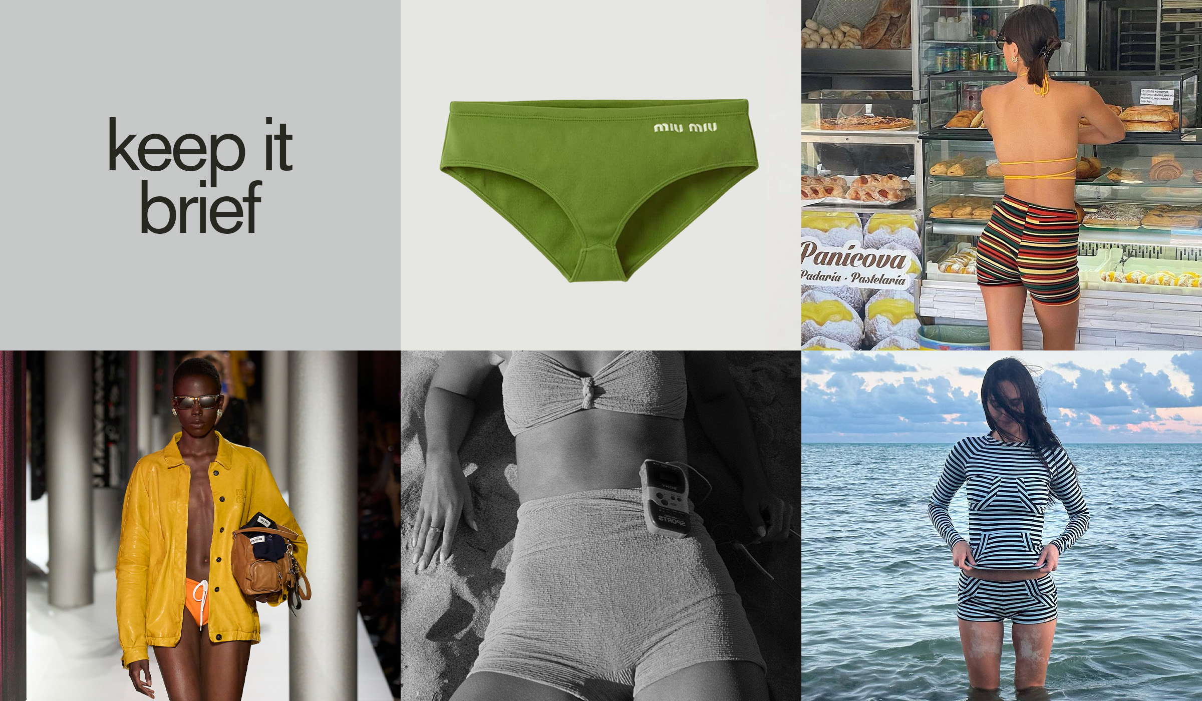 Collage of sporty swimsuit briefs.