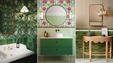 Green small bathroom ideas are so pretty. Here are three of these - a dark green tiled splashback with a white basin, a green floating vanity with floral wallpaper and a circular mirror, and a scalloped table with green tiles behind it and a rectangular mirror above it