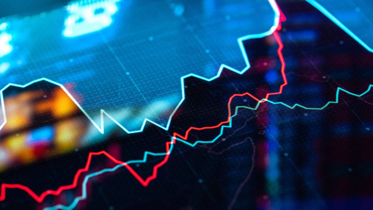 closeup of stock market chart with green and red moving averages