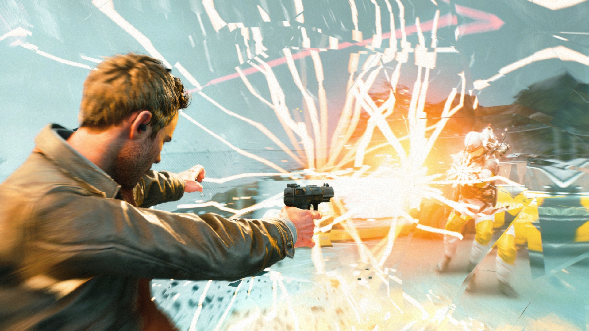 Quantum Break gameplay screenshot with protagonist firing a pistol into a bright explosion