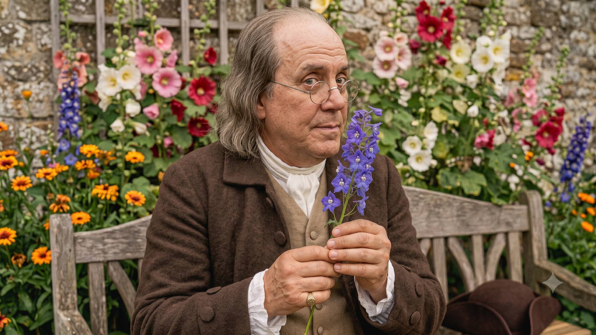 Benjamin Franklin smiles slightly at the camera while holding a larkspur flower