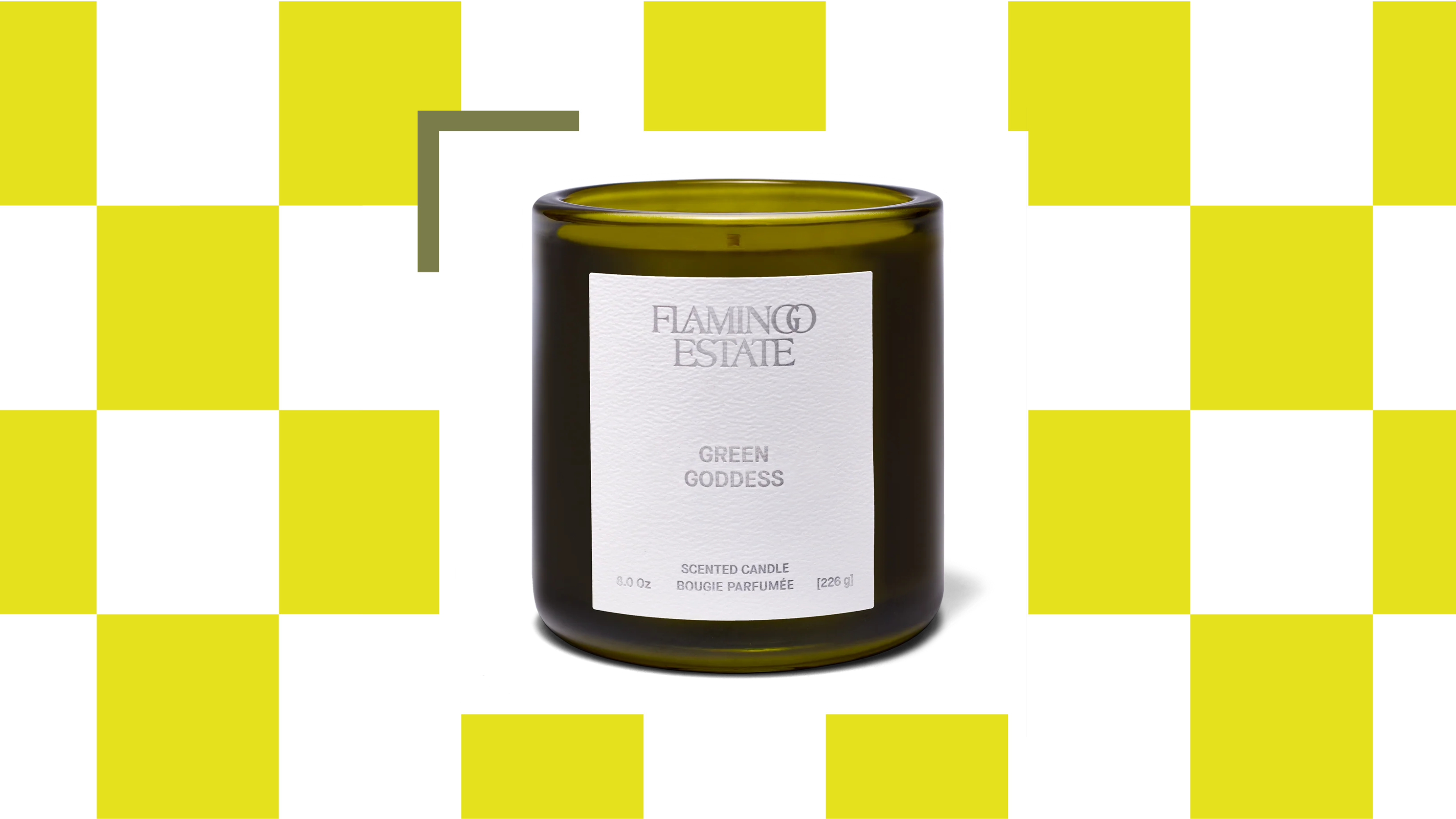 A grid with a 'green goddess' candle from Flamingo Estate