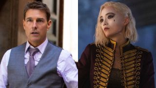 From left to right: Tom Cruise looking a little confused and Pom Klementieff in clown-like makeup in Mission: Impossible 7. 