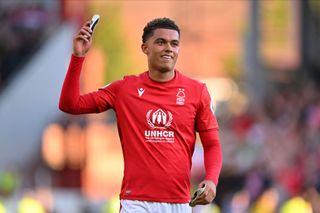 Brennan Johnson of Nottingham Forest celebrates after the Premier League match between Nottingham Forest and Arsenal FC at City Ground on May 20, 2023 in Nottingham, England. (Photo by Will Palmer/Sportsphoto/Allstar via Getty Images)