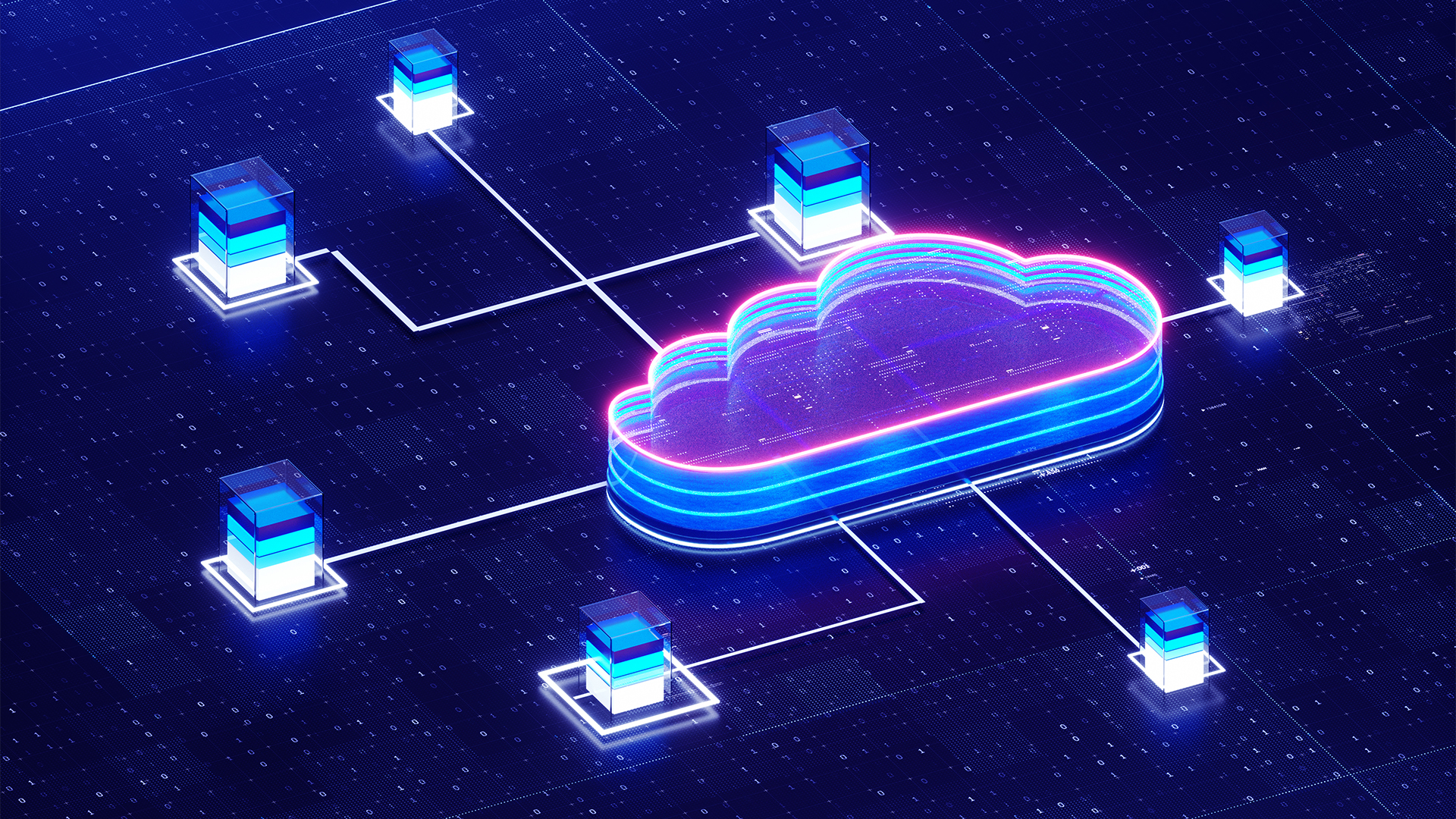 Cloud computing concept image showing a cloud symbol connecting to multiple data storage nodes.