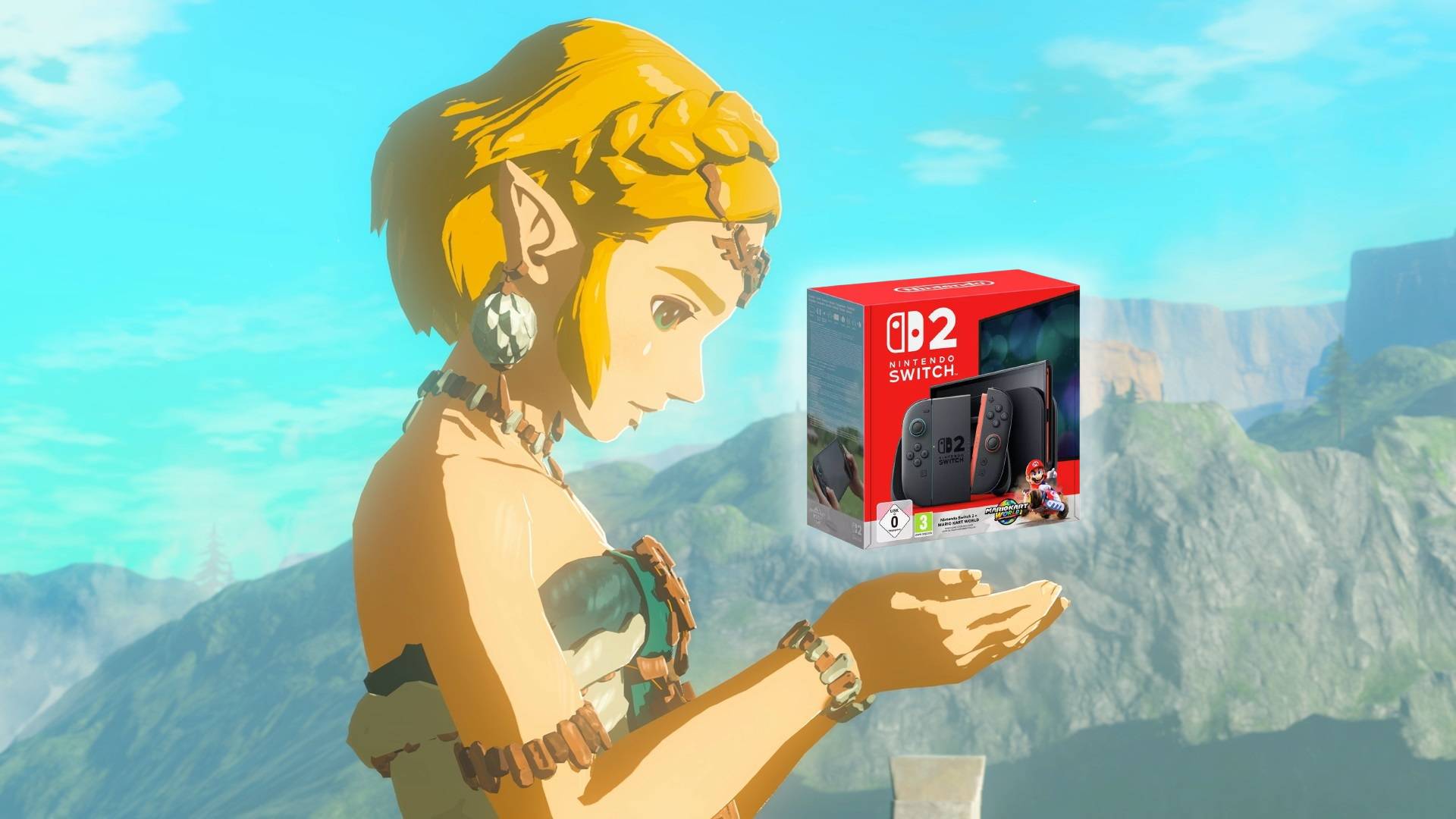 Screenshot from the Legend of Zelda Tears of the Kingdom with the product image of the Nintendo Switch 2 Mario Kart World bundle on top.