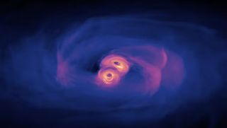 Two black holes with orange and purple light surrounding them swirl together